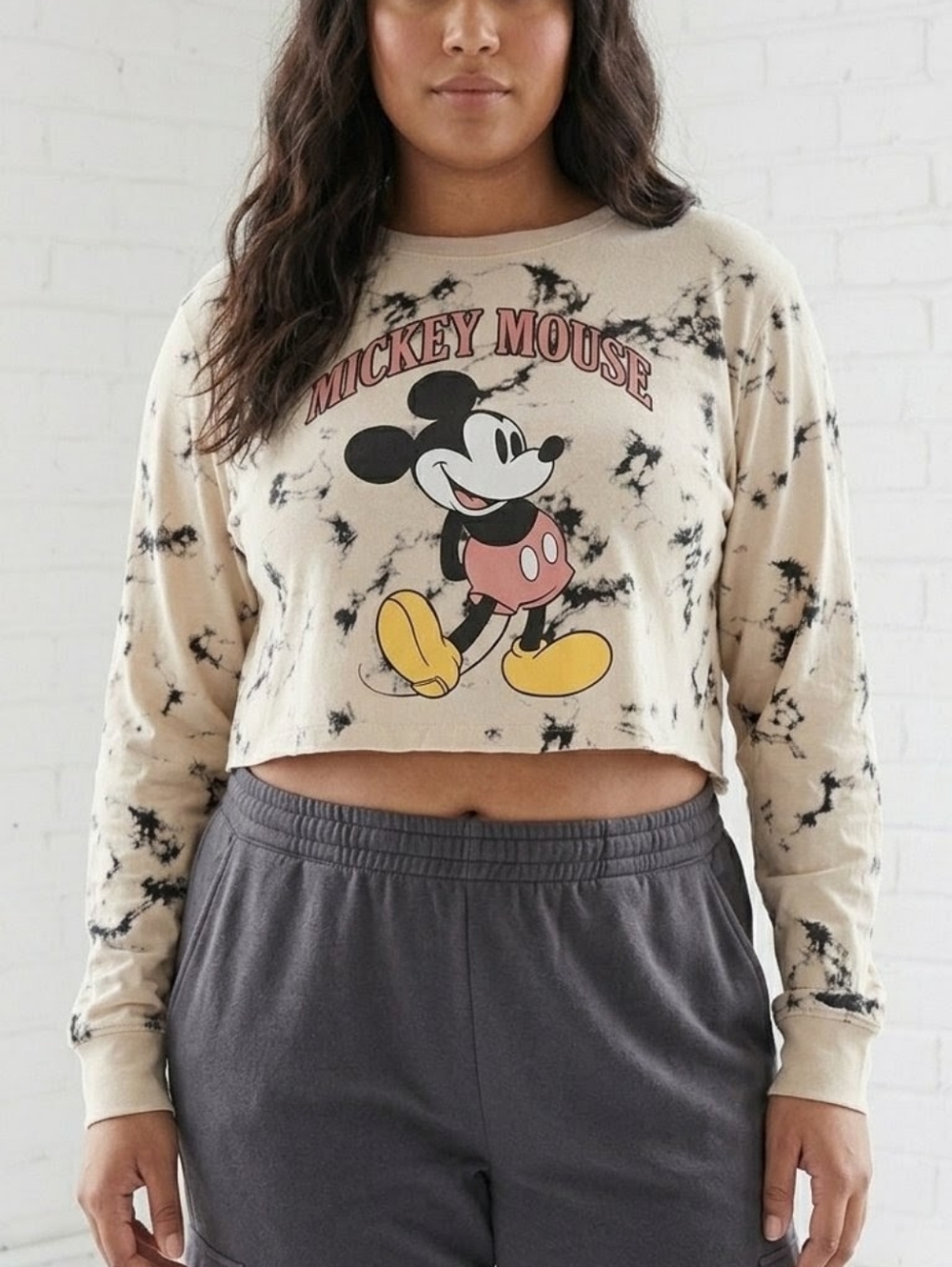 Mickey Mouse Disney Crop Top Black & Beige Tie Dye Vintage Style L